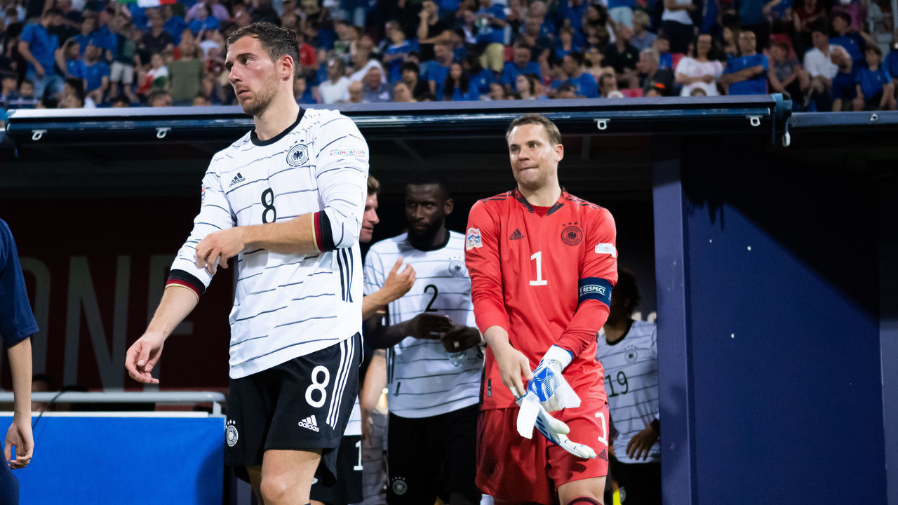 BOLOGNA, ITALY - JUNE 04: Leon Goretzka (L) and Manuel Neuer (R) of Germany entering the pitch during the UEFA Nations League League A Group 3 match between Italy and Germany at Renato Dall'Ara Stadium on June 04, 2022 in Bologna, Italy.