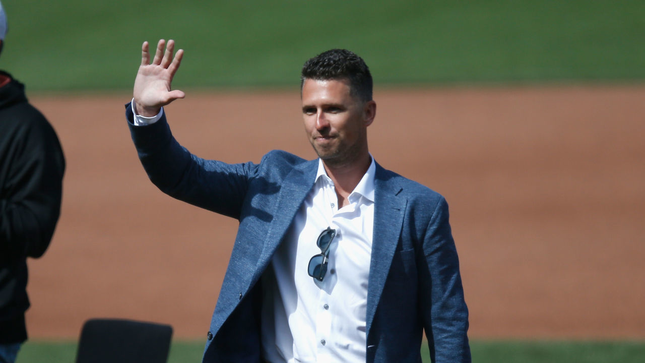SAN FRANCISCO, CALIFORNIA - MAY 07: Retired San Francisco Giants player Buster Posey speaks during a ceremony for his retirement before the game between the San Francisco Giants and the St. Louis Cardinals at Oracle Park on May 07, 2022 in San Francisco, California.