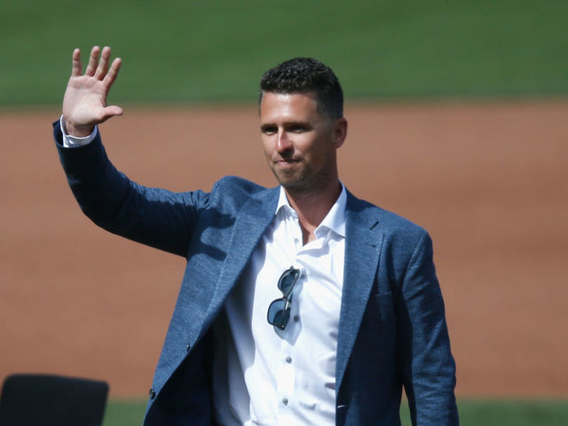 SAN FRANCISCO, CALIFORNIA - MAY 07: Retired San Francisco Giants player Buster Posey speaks during a ceremony for his retirement before the game between the San Francisco Giants and the St. Louis Cardinals at Oracle Park on May 07, 2022 in San Francisco, California.