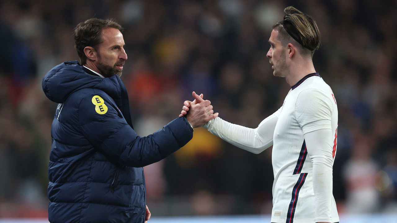 LONDON, ENGLAND - MARCH 29: Gareth Southgate, Manager of England shakes hands with Jack Grealish of England during the international friendly match between England and Cote D'Ivoire at Wembley Stadium on March 29, 2022 in London, England.