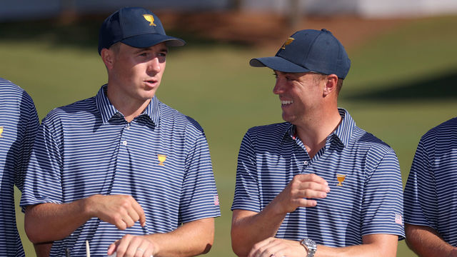 CHARLOTTE, NORTH CAROLINA - SEPTEMBER 21: (L-R) Jordan Spieth and Justin Thomas of the United States Team talk during the team photo prior to the 2022 Presidents Cup at Quail Hollow Country Club on September 21, 2022 in Charlotte, North Carolina.