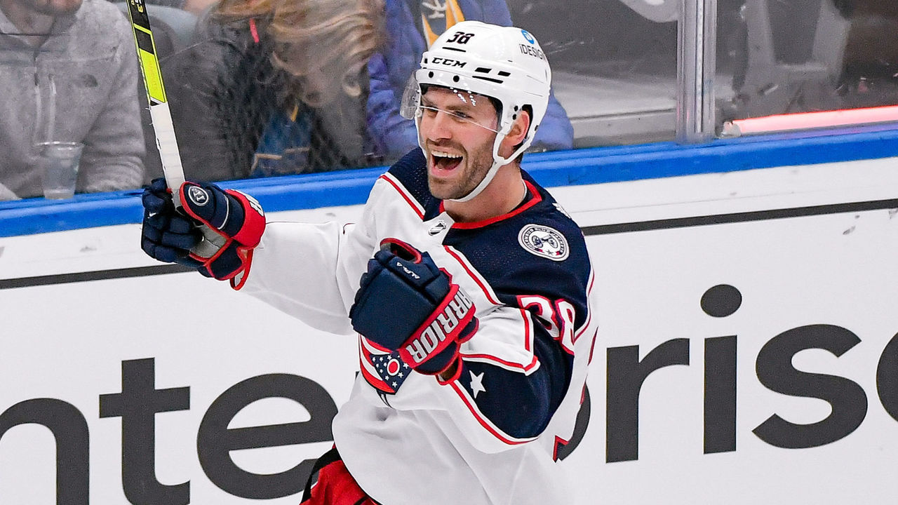 ST. LOUIS, MO - NOVEMBER 27: Columbus Blue Jackets center Boone Jenner (38) celebrates his power play goal off the tip in during a game between the Columbus Blue Jackets and the St. Louis Blues on November 27, 2021, at the Enterprise Center in St. Louis MO