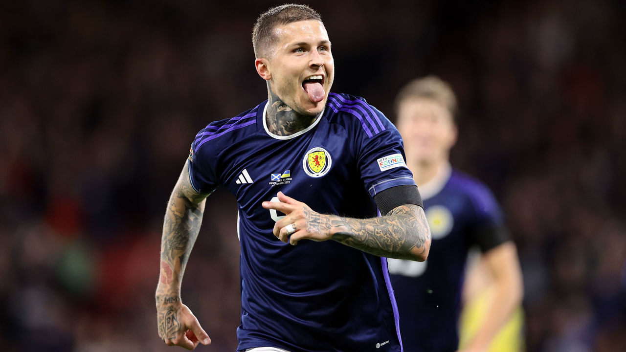 Scotland's Lyndon Dykes celebrates scoring their side's third goal of the game during the UEFA Nations League match at Hampden Park, Glasgow. Picture date: Wednesday September 21, 2022.
