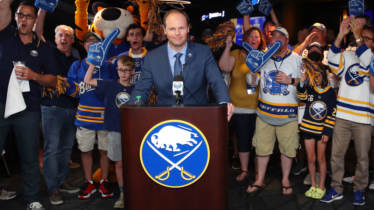BUFFALO, NY - JULY 23: Fans react as general manager Kevyn Adams of the Buffalo Sabres announces their selection of Owen Power as the first overall pick in the 2021 NHL Draft on July 23, 2021 at KeyBank Center in Buffalo, New York.