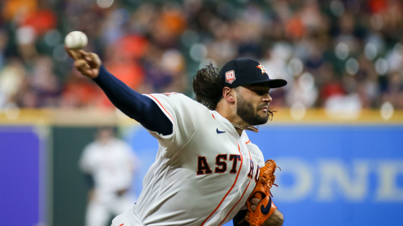 HOUSTON, TX - SEPTEMBER 15: Houston Astros starting pitcher Lance McCullers Jr. (43) throws a pitch in the top of the fifth inning during the MLB game between the Oakland Athletics and Houston Astros on September 15, 2022 at Minute Maid Park in Houston, Texas.