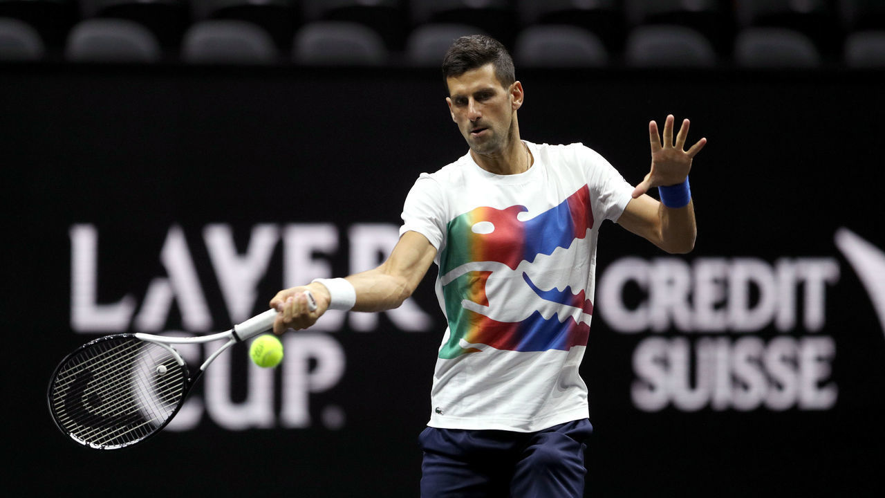 LONDON, ENGLAND - SEPTEMBER 21: Novak Djokovic of Team Europe plays a forehand shot during a practice session at The O2 Arena on September 21, 2022 in London, England.
