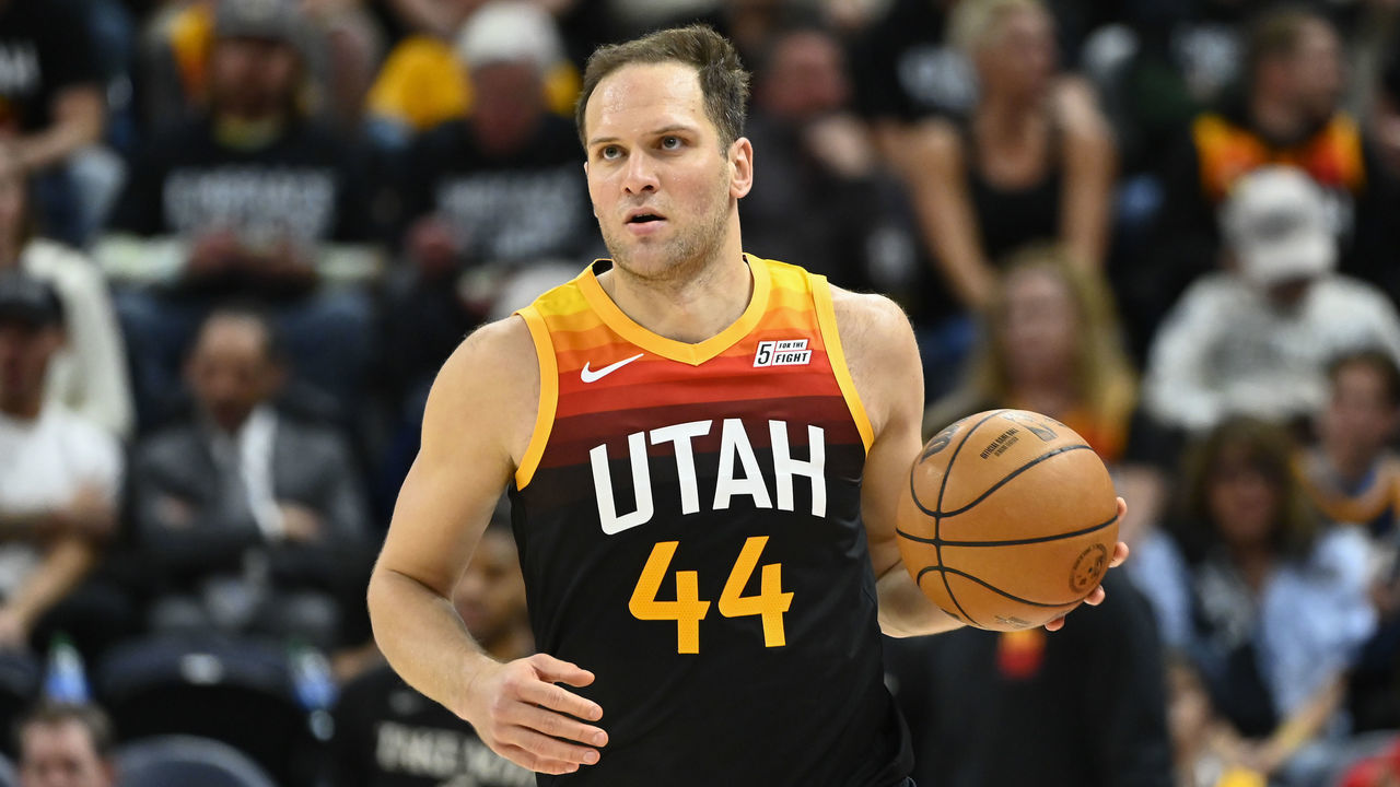 SALT LAKE CITY, UTAH - APRIL 28: Bojan Bogdanovic #44 of the Utah Jazz in action during the second half of Game 6 of the Western Conference First Round Playoffs against the Dallas Mavericks at Vivint Smart Home Arena on April 28, 2022 in Salt Lake City, Utah. NOTE TO USER: User expressly acknowledges and agrees that, by downloading and/or using this Photograph, user is consenting to the terms and conditions of the Getty Images License Agreement.