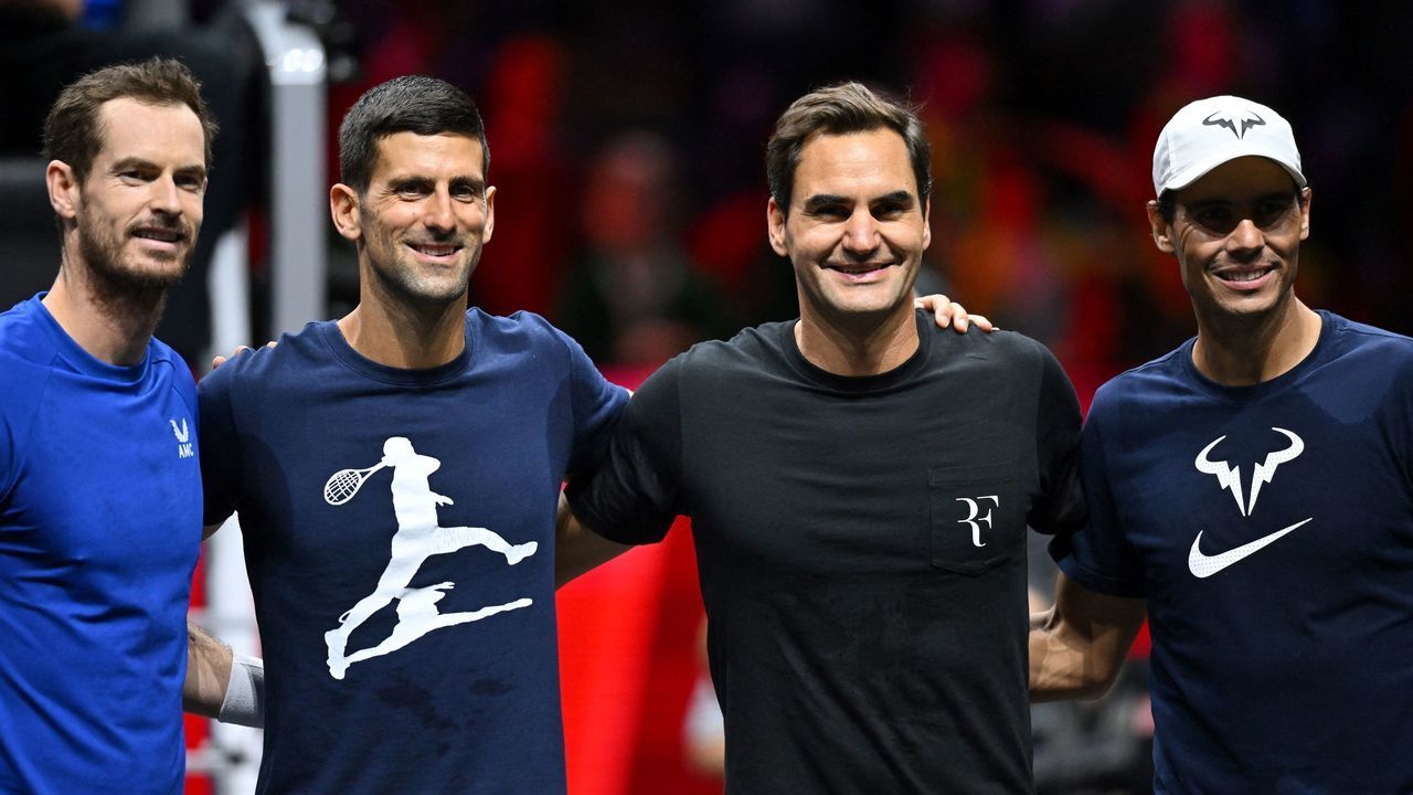 (L-R) Britain's Andy Murray, Serbia's Novak Djokovic, Switzerland's Roger Federer and Spain's Rafael Nadal pose during a Team Europe practice session ahead of the 2022 Laver Cup at the O2 Arena in London on September 22, 2022. - RESTRICTED TO EDITORIAL USE