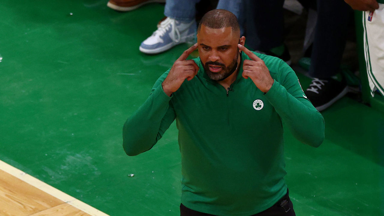 BOSTON, MASSACHUSETTS - JUNE 08: Head coach Ime Udoka of the Boston Celtics calls out a play in the second quarter against the Golden State Warriors during Game Three of the 2022 NBA Finals at TD Garden on June 08, 2022 in Boston, Massachusetts. NOTE TO USER: User expressly acknowledges and agrees that, by downloading and/or using this photograph, User is consenting to the terms and conditions of the Getty Images License Agreement.