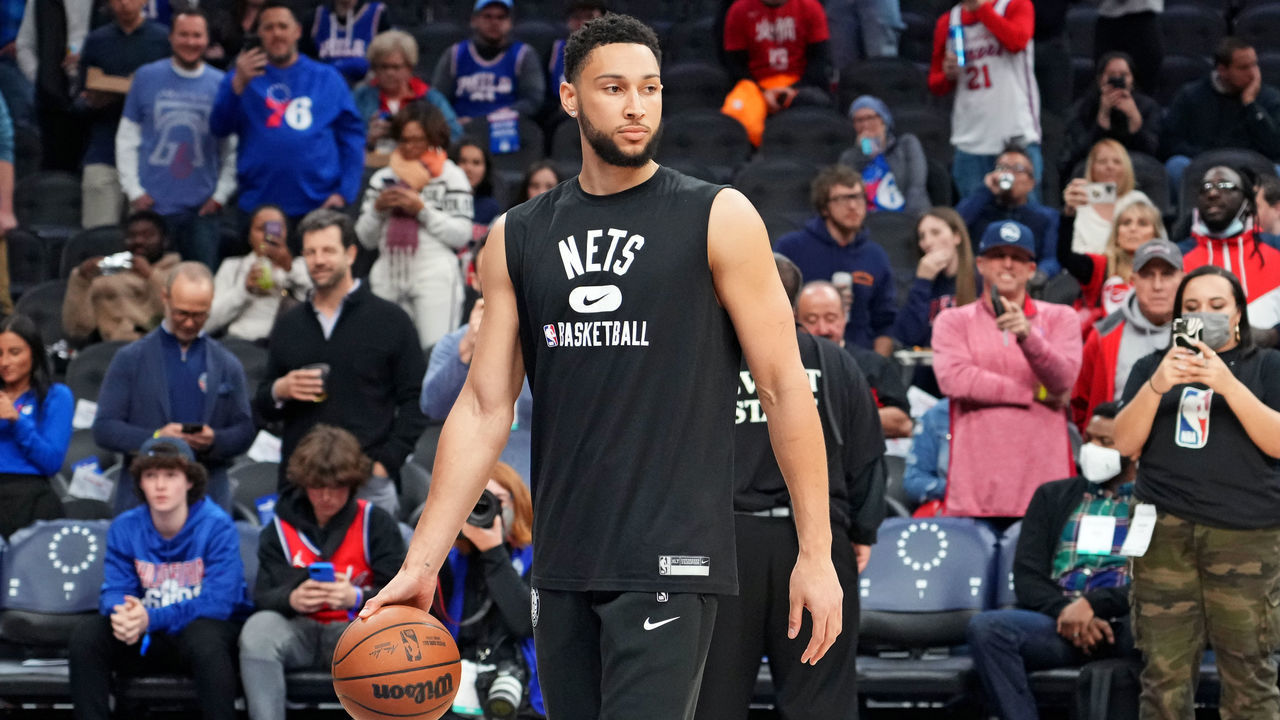 PHILADELPHIA, PA - MARCH 10: Ben Simmons #10 of the Brooklyn Nets warms up before a game against the Philadelphia 76ers on March 10, 2022 at Wells Fargo Center in Philadelphia, Pennsylvania. NOTE TO USER: User expressly acknowledges and agrees that, by downloading and/or using this Photograph, user is consenting to the terms and conditions of the Getty Images License Agreement. Mandatory Copyright Notice: Copyright 2022 NBAE