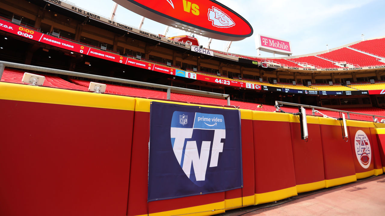 KANSAS CITY, MO - SEPTEMBER 15: A view of the Amazon Prime Video Thursday Night Football logo before an NFL game between the Los Angeles Chargers and Kansas City Chiefs on September 15, 2022 at GEHA Field at Arrowhead Stadium in Kansas City, MO. Photo by Scott Winters/Icon Sportswire via Getty Images)
