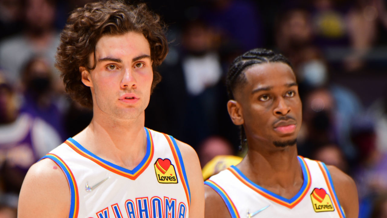 LOS ANGELES, CA - NOVEMBER 4: Josh Giddey #3 and Shai Gilgeous-Alexander #2 of the Oklahoma City Thunder stand on the court against the Los Angeles Lakers on November 4, 2021 at STAPLES Center in Los Angeles, California. NOTE TO USER: User expressly acknowledges and agrees that, by downloading and/or using this Photograph, user is consenting to the terms and conditions of the Getty Images License Agreement. Mandatory Copyright Notice: Copyright 2021 NBAE