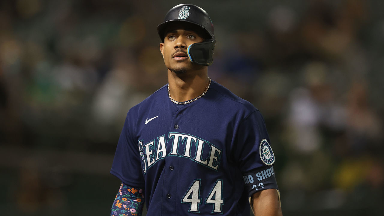 OAKLAND, CALIFORNIA - SEPTEMBER 20: Julio Rodriguez #44 of the Seattle Mariners looks on during the game against the Oakland Athletics at RingCentral Coliseum on September 20, 2022 in Oakland, California.