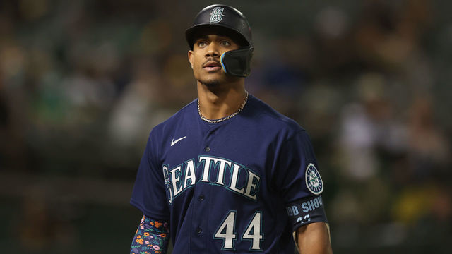 OAKLAND, CALIFORNIA - SEPTEMBER 20: Julio Rodriguez #44 of the Seattle Mariners looks on during the game against the Oakland Athletics at RingCentral Coliseum on September 20, 2022 in Oakland, California.