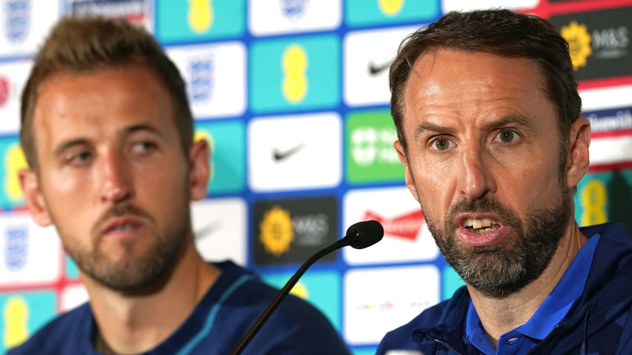 England head coach Gareth Southgate (right) and player Harry Kane during the press conference at Sheraton San Siro, Milan. Picture date: Thursday September 22, 2022.