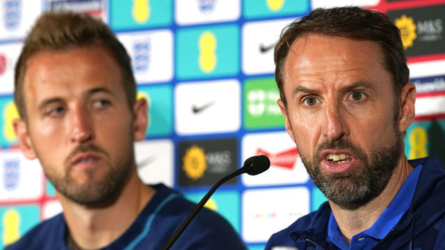 England head coach Gareth Southgate (right) and player Harry Kane during the press conference at Sheraton San Siro, Milan. Picture date: Thursday September 22, 2022.