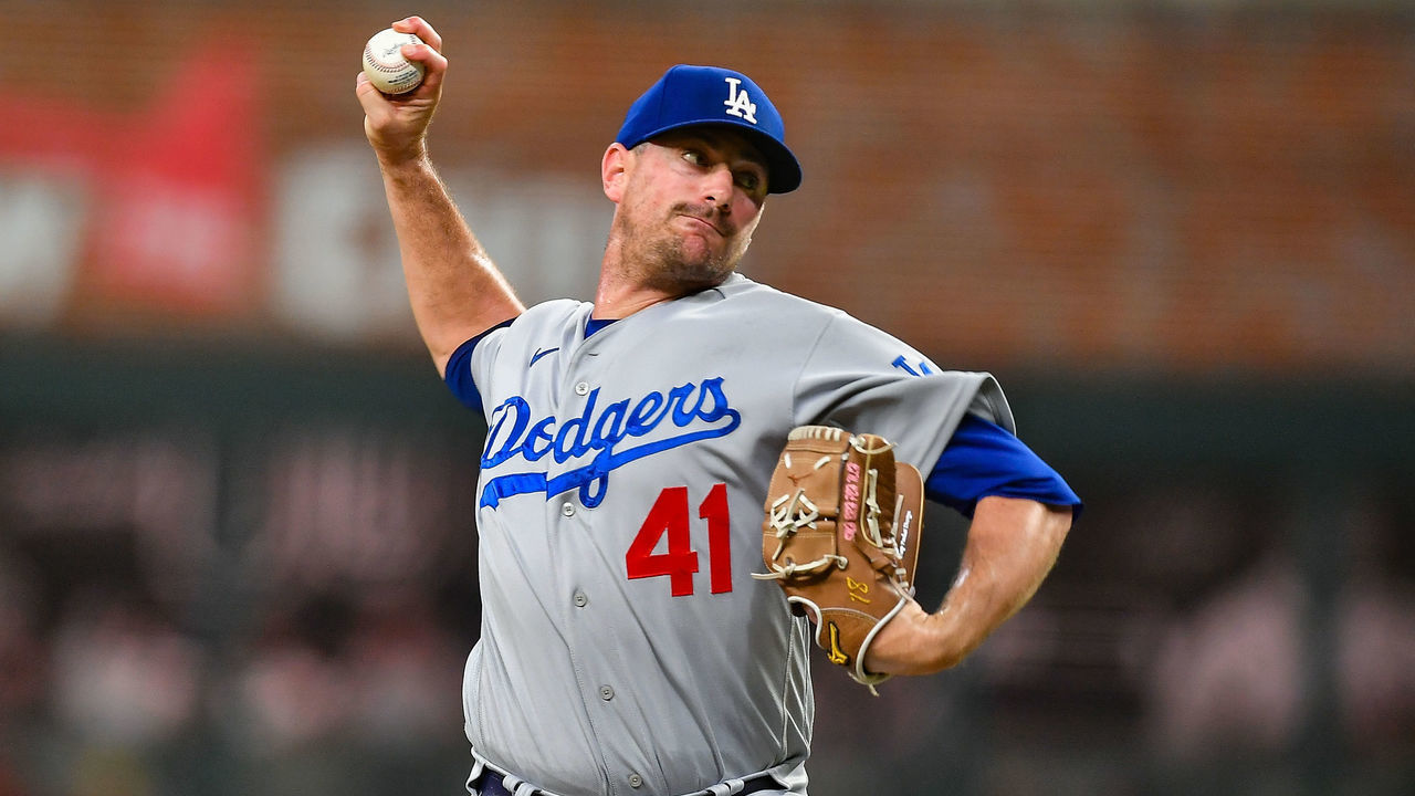 ATLANTA, GA JUNE 24: Los Angeles relief pitcher Daniel Hudson (41) throws a pitch during the MLB game between the Los Angeles Dodgers and the Atlanta Braves on June 24th, 2022 at Truist Park in Atlanta, GA.