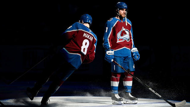 DENVER, CO - MAY 25: Colorado Avalanche defenseman Cale Makar (8) and defenseman Devon Toews (7) stand on the ice during starting lineup introductions during a Stanley Cup Playoffs round 2 game between the St. Louis Blues and the Colorado Avalanche at Ball Arena in Denver, Colorado on May 25, 2022.