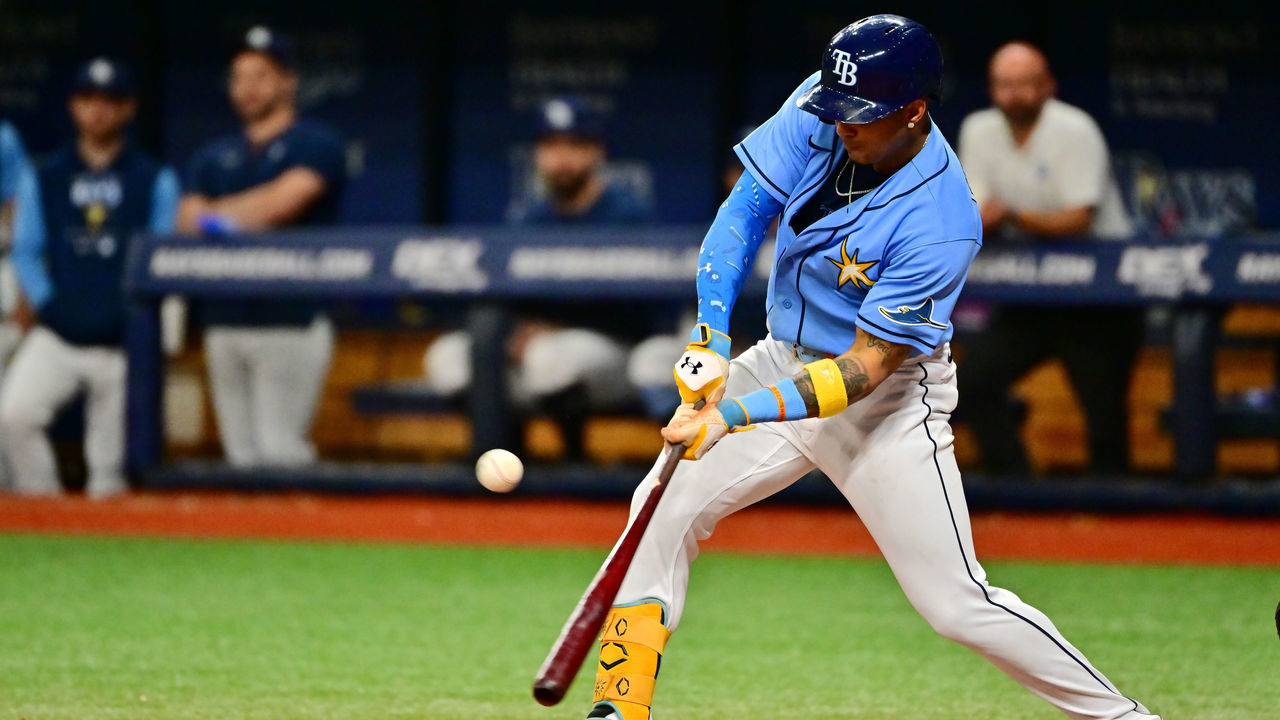 ST PETERSBURG, FLORIDA - SEPTEMBER 22: Wander Franco #5 of the Tampa Bay Rays hits an RBI single in the second inning against the Toronto Blue Jays at Tropicana Field on September 22, 2022 in St Petersburg, Florida.