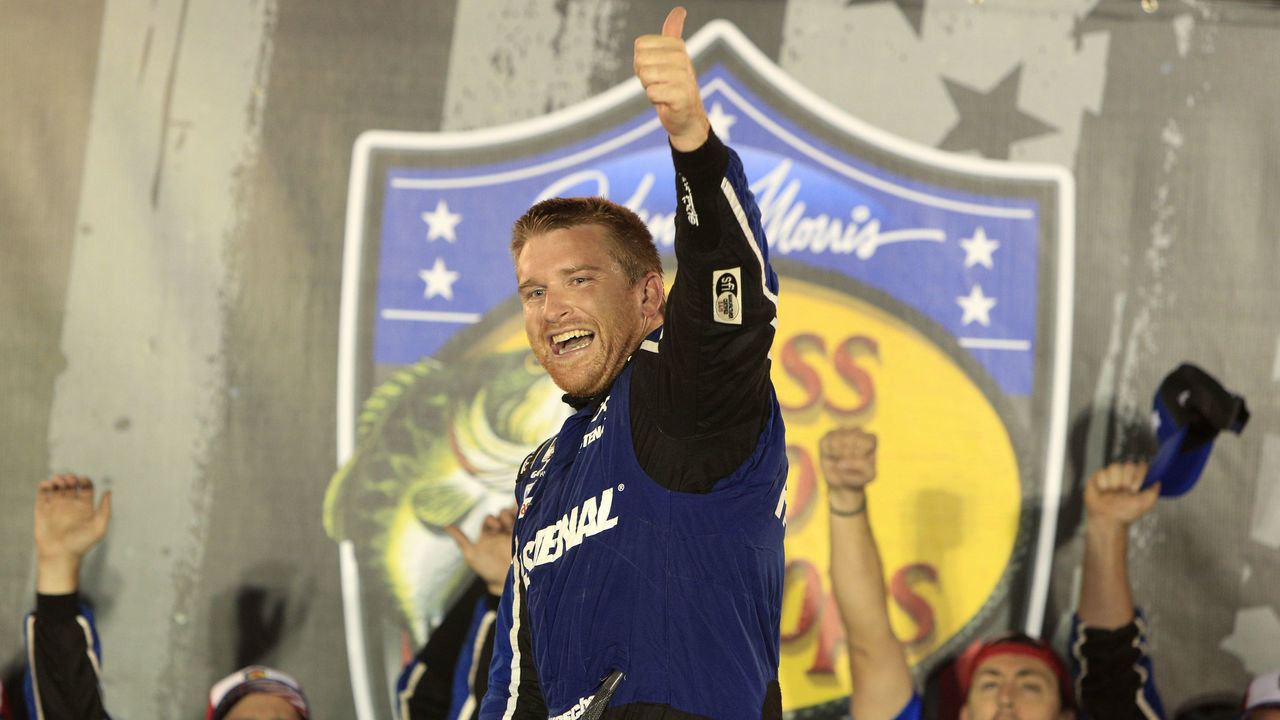 BRISTOL, TN - SEPTEMBER 17: Chris Buescher (#17 RFK Racing Fastenal Ford) celebrates after winning the NASCAR Cup Series Playoff Bass Pro Shops Night Race on September 17, 2022 at Bristol Motor Speedway in Bristol, TN.