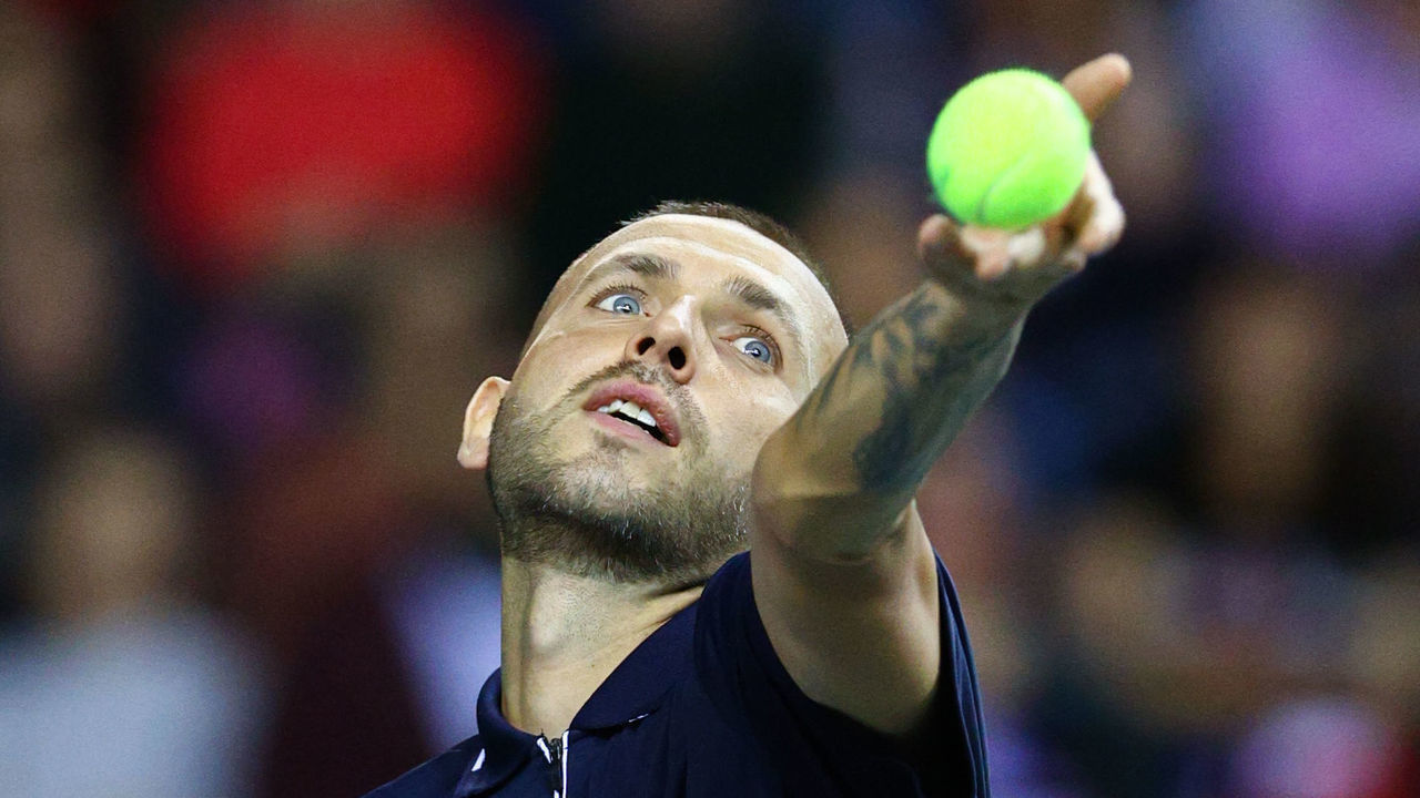 GLASGOW, SCOTLAND - SEPTEMBER 16: Great Britain's Dan Evans in action during the Davis Cup Group D match between Great Britain and Netherlands at Emirates Arena on September 16, 2022 in Glasgow, United Kingdom.