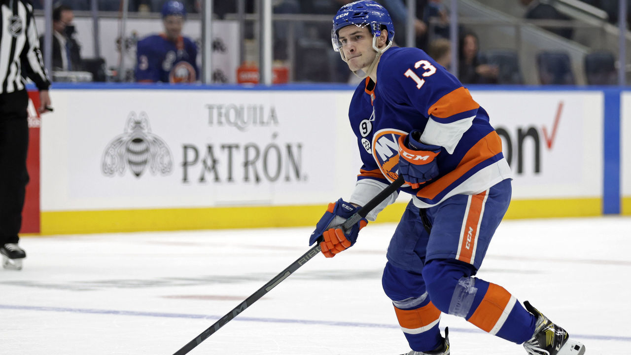 ELMONT, NEW YORK - APRIL 28: Mathew Barzal #13 of the New York Islanders in action against the Washington Capitals during the first period at UBS Arena on April 28, 2022 in Elmont, New York.
