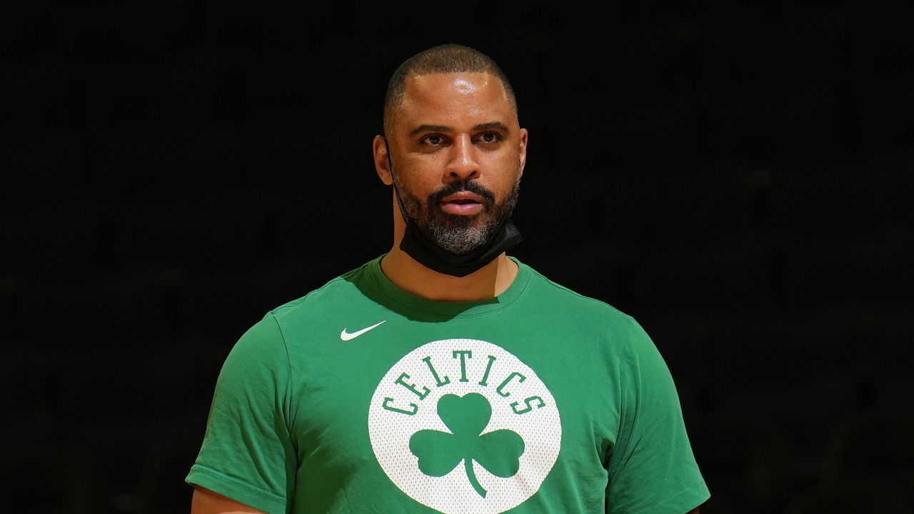 SAN FRANCISCO, CA - JUNE 12: Head Coach Ime Udoka of the Boston Celtics looks on during 2022 NBA Finals Practice and Media Availability on June 12, 2022 at Chase Center in San Francisco, California. NOTE TO USER: User expressly acknowledges and agrees that, by downloading and or using this photograph, user is consenting to the terms and conditions of Getty Images License Agreement. Mandatory Copyright Notice: Copyright 2022 NBAE