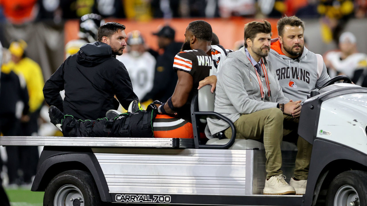 CLEVELAND, OH - SEPTEMBER 22: Cleveland Browns linebacker Anthony Walker Jr. (5) leaves the field on a cart after injuring his knee during the third quarter of the National Football League game between the Pittsburgh Steelers and Cleveland Browns on September 22, 2022, at FirstEnergy Stadium in Cleveland, OH.