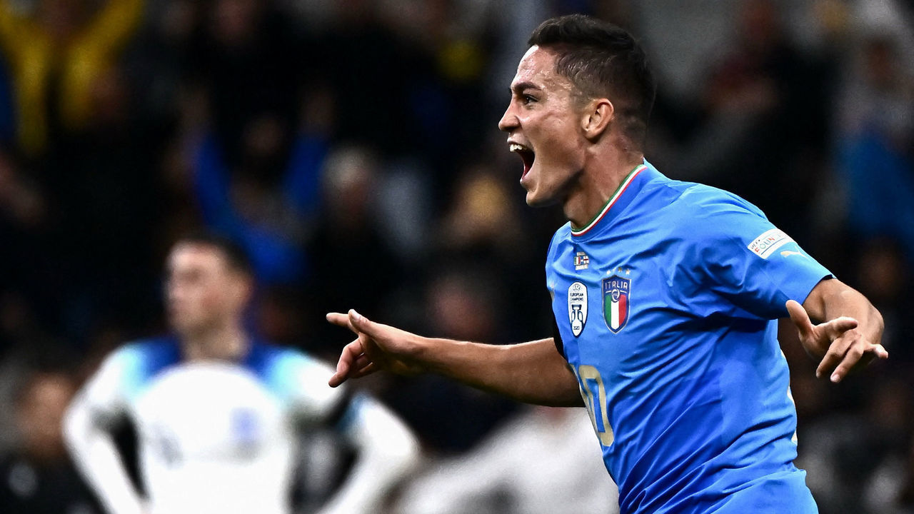 Italy's midfielder Giacomo Raspadori celebrates after scoring a goal during the UEFA Nations League's League A Group 3 match between Italy and England, at the San Siro Stadium in Milan on September 23, 2022.