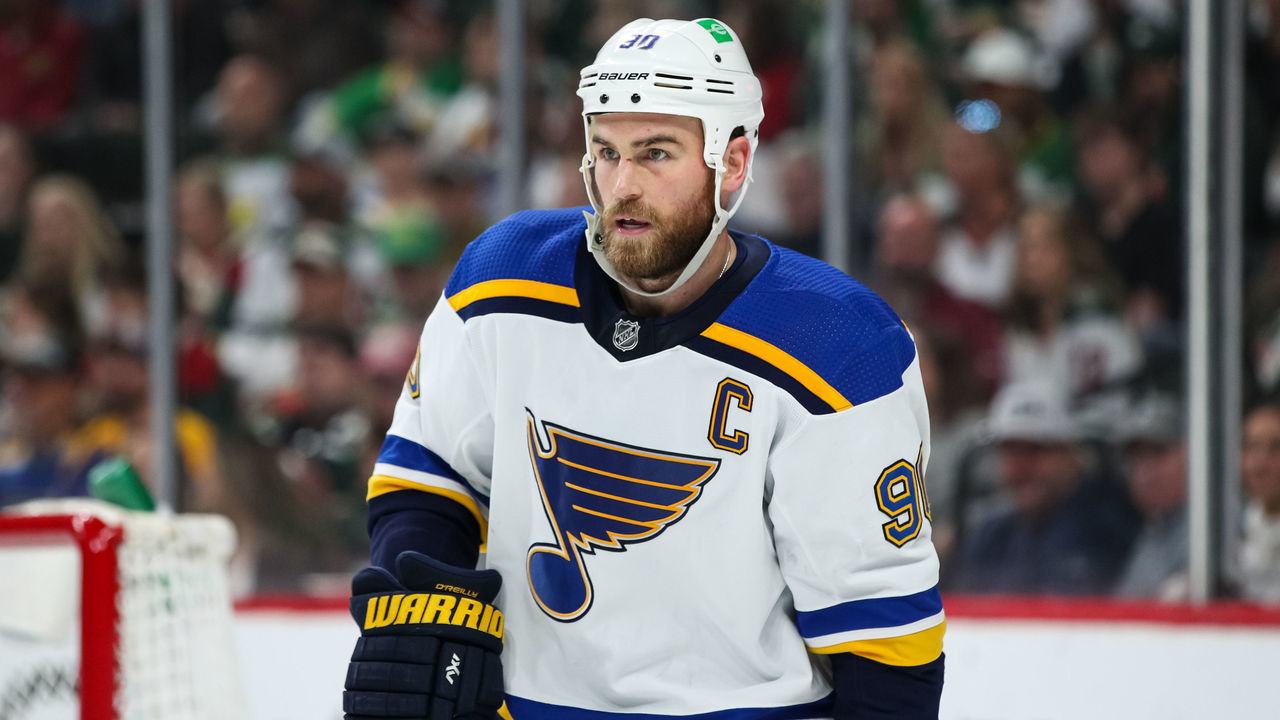 ST PAUL, MN - MAY 10: Ryan O'Reilly #90 of the St. Louis Blues looks on against the Minnesota Wild in the first period in Game Five of the First Round of the 2022 Stanley Cup Playoffs at Xcel Energy Center on May 10, 2022 in St Paul, Minnesota. The Blues defeated the Wild 5-2 to take a 3-2 series lead.