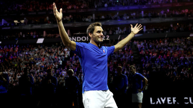 LONDON, ENGLAND - SEPTEMBER 23: Roger Federer of Team Europe shows emotion as he acknowledges the crowd following his final match during Day One of the Laver Cup at The O2 Arena on September 23, 2022 in London, England.