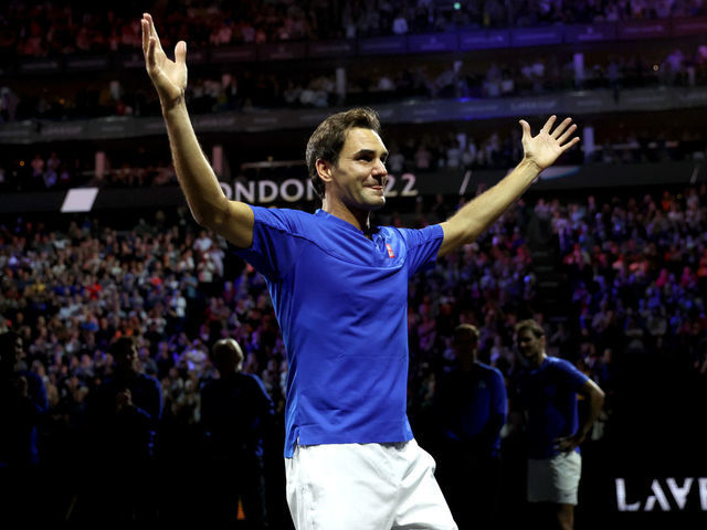 LONDON, ENGLAND - SEPTEMBER 23: Roger Federer of Team Europe shows emotion as he acknowledges the crowd following his final match during Day One of the Laver Cup at The O2 Arena on September 23, 2022 in London, England.
