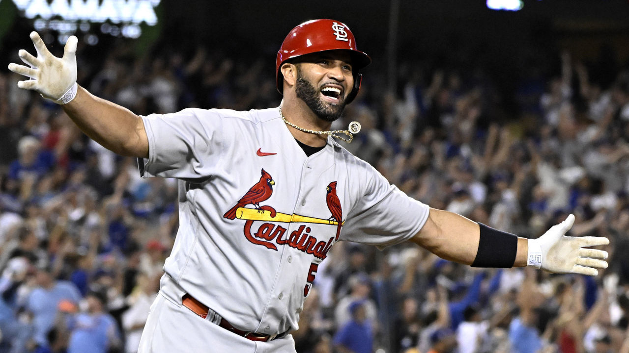 Los Angeles, CA - September 23: Albert Pujols #5 of the St. Louis Cardinals reacts after hitting his second home run of the night and his 700th of his career off relief pitcher Phil Bickford (not pictured) of the Los Angeles Dodgers in the fourth inning of a MLB baseball game at Dodger Stadium in Los Angeles on Friday, September 23, 2022.