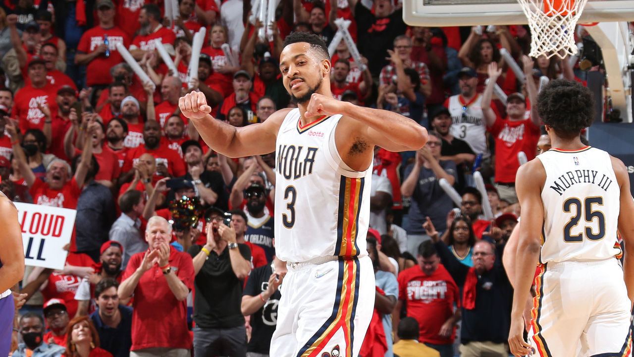NEW ORLEANS, LA - APRIL 24: CJ McCollum #3 of the New Orleans Pelicans celebrates against the Phoenix Suns during Round 1 Game 4 of the 2022 NBA Playoffs on April 24, 2022 at the Smoothie King Center in New Orleans, Louisiana. Mandatory Copyright Notice: Copyright 2022 NBAE