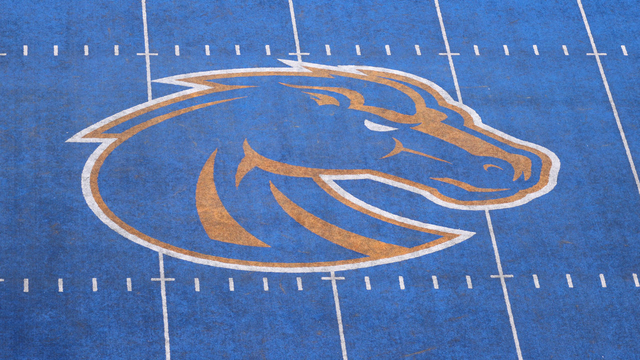 BOISE, ID - SEPTEMBER 17: A general view of the Boise State Broncos logo during a regular season NCAA football game between the UT Martin Skyhawks and the Boise State Broncos Saturday, Sept. 17, 2022, at Albertsons Stadium in Boise, ID. (Marc Sanchez/Icon Sportswire via Getty Images)