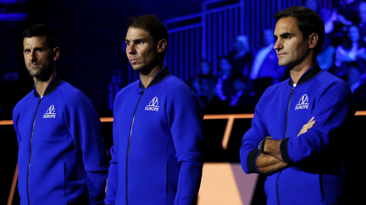 LONDON, ENGLAND - SEPTEMBER 23: Andy Murray, Novak Djokovic, Rafael Nadal and Roger Federer of Team Europe line up during Day One of the Laver Cup at The O2 Arena on September 23, 2022 in London, England.