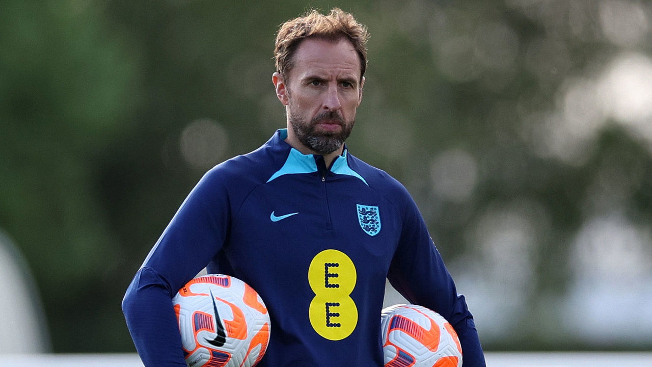 BURTON UPON TRENT, ENGLAND - SEPTEMBER 24: England Manager Gareth Southgate looks on during a training session at St George's Park on September 24, 2022 in Burton upon Trent, England.