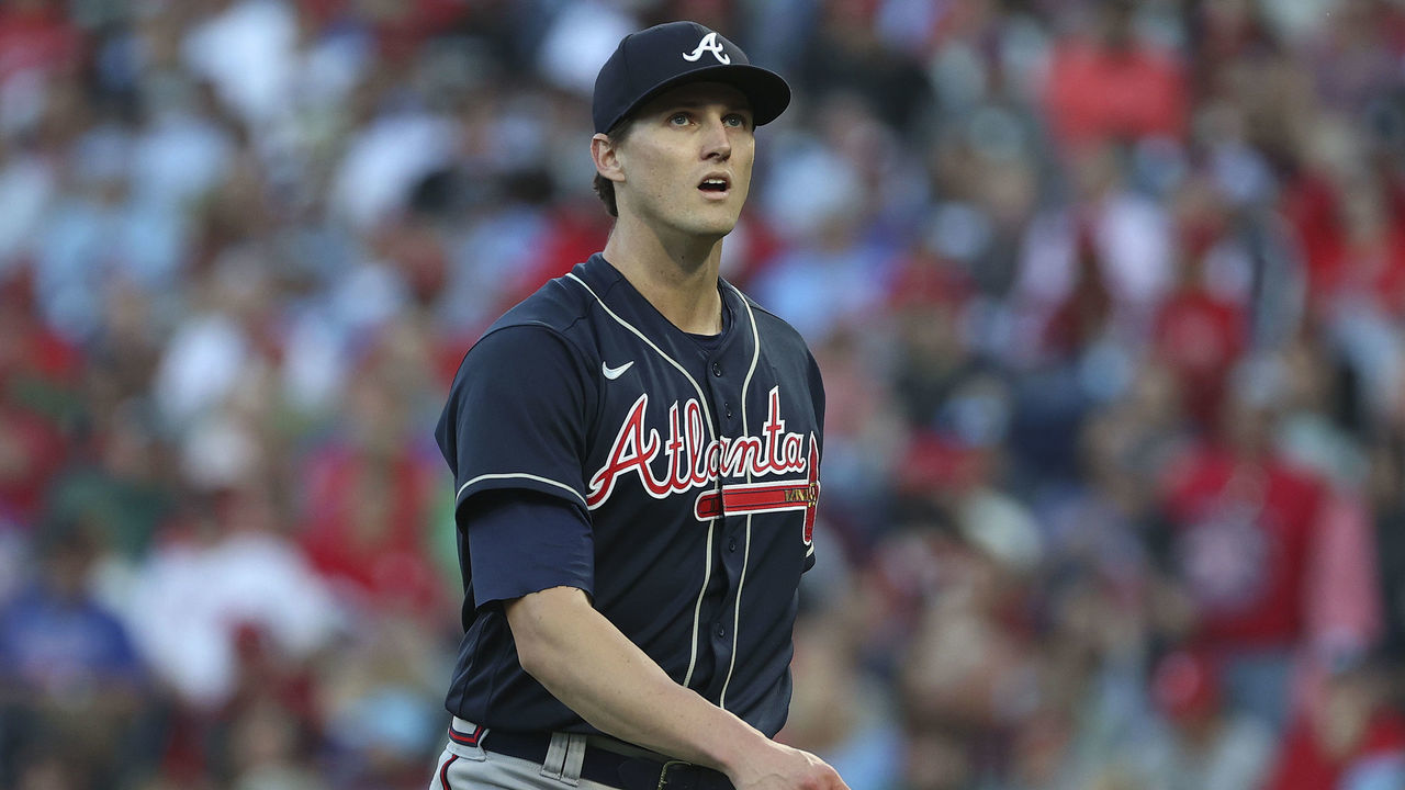 PHILADELPHIA, PENNSYLVANIA - SEPTEMBER 24: Kyle Wright #30 of the Atlanta Braves looks on during the fifth inning against the Philadelphia Phillies at Citizens Bank Park on September 24, 2022 in Philadelphia, Pennsylvania.