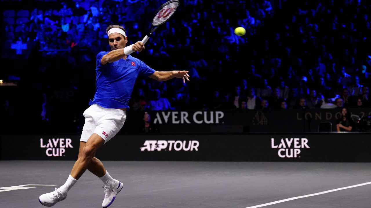 Team Europe's Roger Federer in action against Team World's Frances Tiafoe and Jack Sock on day one of the Laver Cup at the O2 Arena, London. Picture date: Friday September 23, 2022.