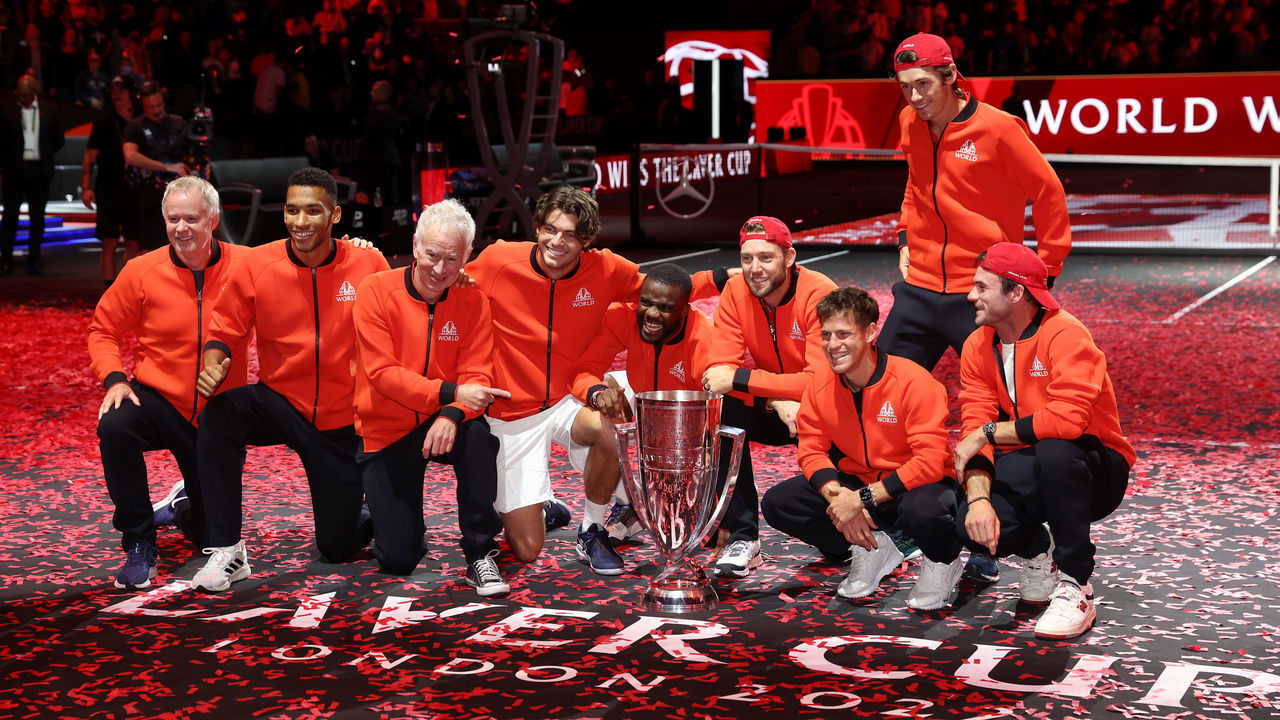 LONDON, ENGLAND - SEPTEMBER 25: Players of Team World celebrate with the Laver Cup trophy during Day Three of the Laver Cup at The O2 Arena on September 25, 2022 in London, England.