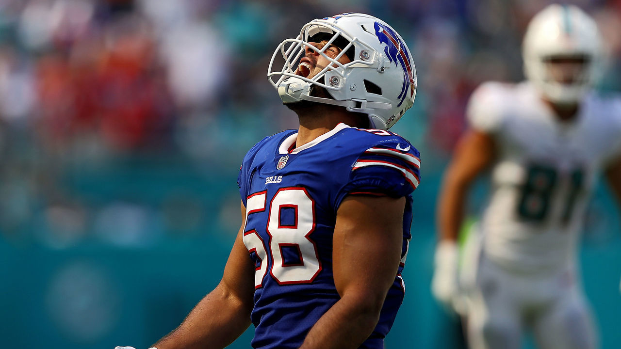 MIAMI GARDENS, FLORIDA - SEPTEMBER 25: Linebacker Matt Milano #58 of the Buffalo Bills reacts after a play in the fourth quarter of the game against the Miami Dolphins at Hard Rock Stadium on September 25, 2022 in Miami Gardens, Florida.