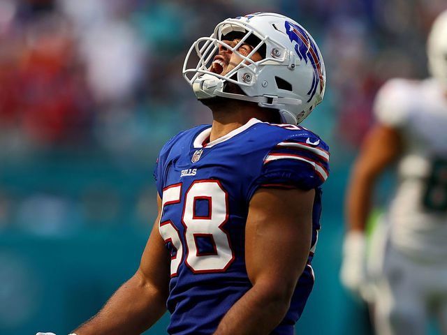 MIAMI GARDENS, FLORIDA - SEPTEMBER 25: Linebacker Matt Milano #58 of the Buffalo Bills reacts after a play in the fourth quarter of the game against the Miami Dolphins at Hard Rock Stadium on September 25, 2022 in Miami Gardens, Florida.