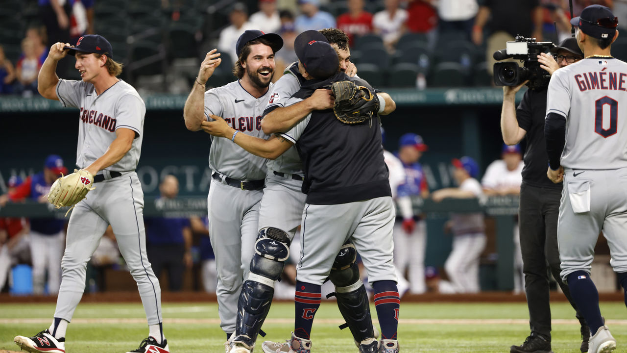 ARLINGTON, TX - SEPTEMBER 25: The Cleveland Guardians react after defeating the Texas Rangers 10-4 and clinching the American League Central Division at Globe Life Field on September 25, 2022 in Arlington, Texas.