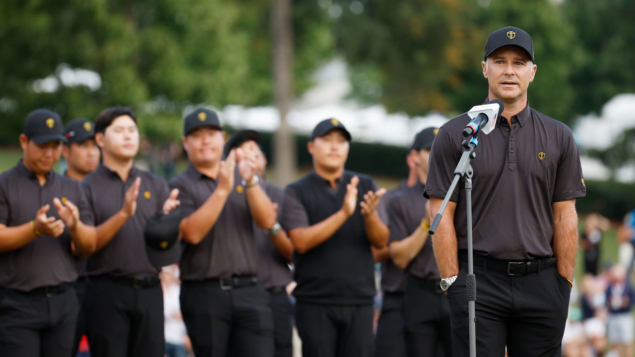 CHARLOTTE, NORTH CAROLINA - SEPTEMBER 25: Captain Trevor Immelman of the International Team speaks during closing ceremonies after being defeated by the United States Team during Sunday singles matches on day four of the 2022 Presidents Cup at Quail Hollow Country Club on September 25, 2022 in Charlotte, North Carolina.