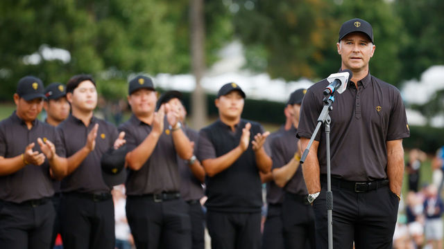 CHARLOTTE, NORTH CAROLINA - SEPTEMBER 25: Captain Trevor Immelman of the International Team speaks during closing ceremonies after being defeated by the United States Team during Sunday singles matches on day four of the 2022 Presidents Cup at Quail Hollow Country Club on September 25, 2022 in Charlotte, North Carolina.