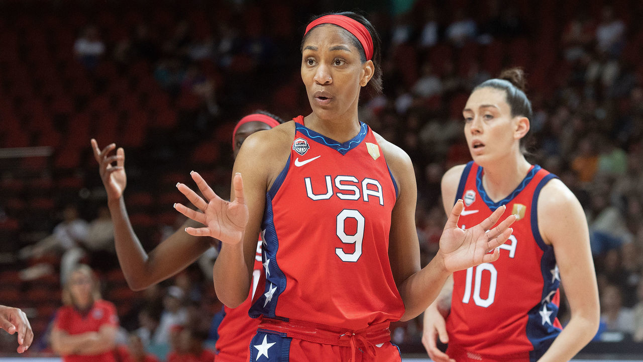 SYDNEY, AUSTRALIA - SEPTEMBER 26: United States' Aja Wilson reacts to the referee call during the 2022 FIBA Women's Basketball World Cup Group A match between United States and Korea at Sydney Superdome, on September 26, 2022, in Sydney, Australia.