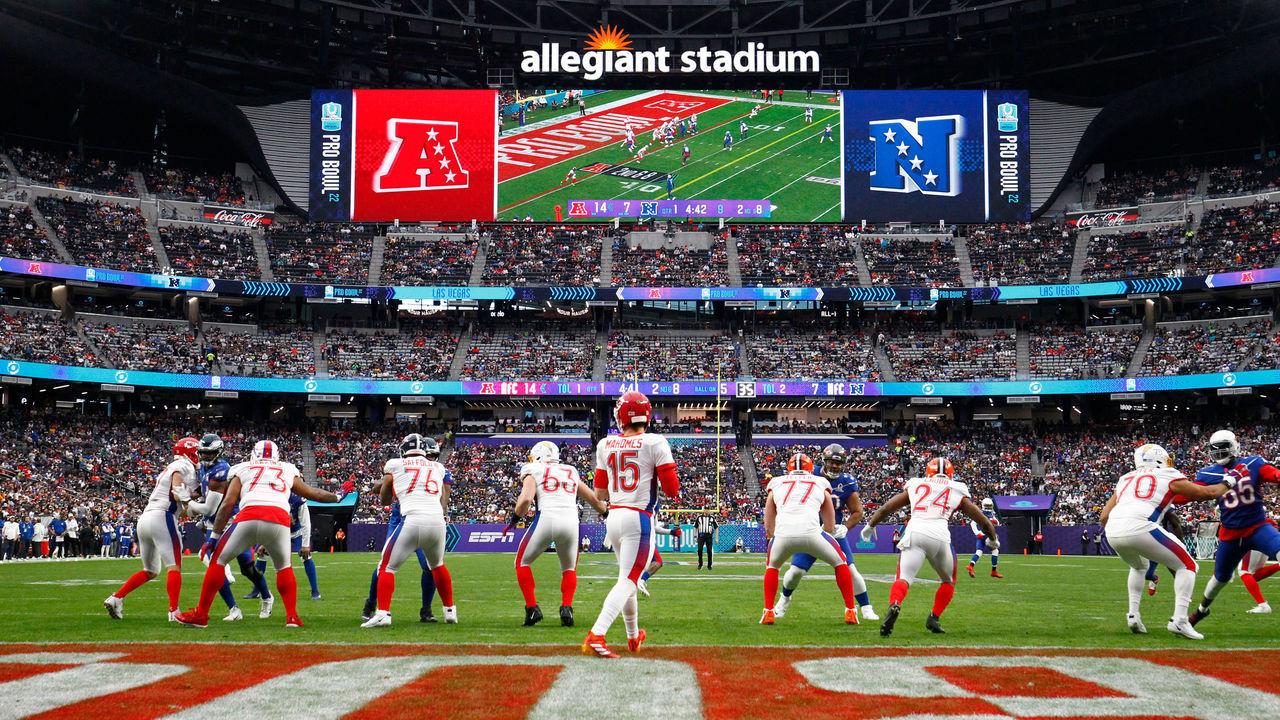 LAS VEGAS, NV - FEBRUARY 06: Kansas City Chiefs quarterback Patrick Mahomes (15) drops back to pass during the NFL Pro Bowl presented by Verizon on February 6, 2022 at Allegiant Stadium in Las Vegas, Nevada.