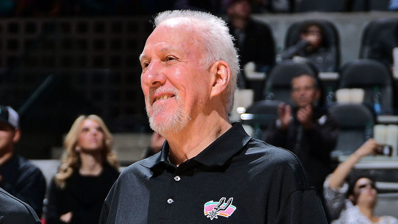 SAN ANTONIO, TX - MARCH 11: Assistant Coach Mitch Johnson and Head Coach Gregg Popovich of the San Antonio Spurs look on during the game against the Utah Jazz on March 11, 2022 at the AT&T Center in San Antonio, Texas. Mandatory Copyright Notice: Copyright 2022 NBAE (Photos by Michael Gonzales/NBAE via Getty Images)
