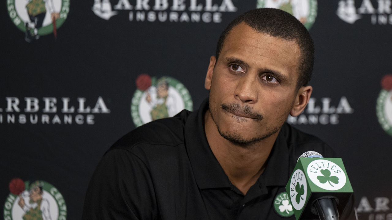 CANTON, MA - SEPTEMBER 26: Interim head coach Joe Mazzulla of the Boston Celtics takes questions from reporters during Boston Celtics Media Day at High Output Studios on September 26, 2022 in Canton, Massachusetts. NOTE TO USER: User expressly acknowledges and agrees that, by downloading and/or using this photograph, user is consenting to the terms and conditions of the Getty Images License Agreement.
