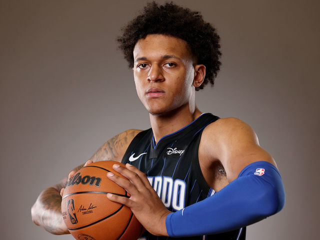 LAS VEGAS, NEVADA - JULY 15: Paolo Banchero #5 of the Orlando Magic poses during the 2022 NBA Rookie Portraits at UNLV on July 15, 2022 in Las Vegas, Nevada. NOTE TO USER: User expressly acknowledges and agrees that, by downloading and/or using this photograph, User is consenting to the terms and conditions of the Getty Images License Agreement.